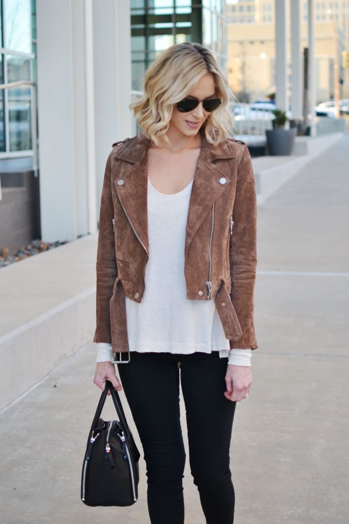 my favorite pieces - black jeans, suede moto, thermal, buckle booties, easy casual outfit