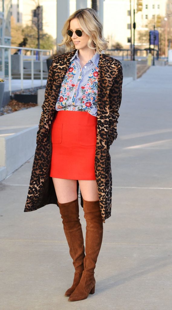 print mixing, embroidered floral oxford top, red skirt, leopard coat, over the knee boots