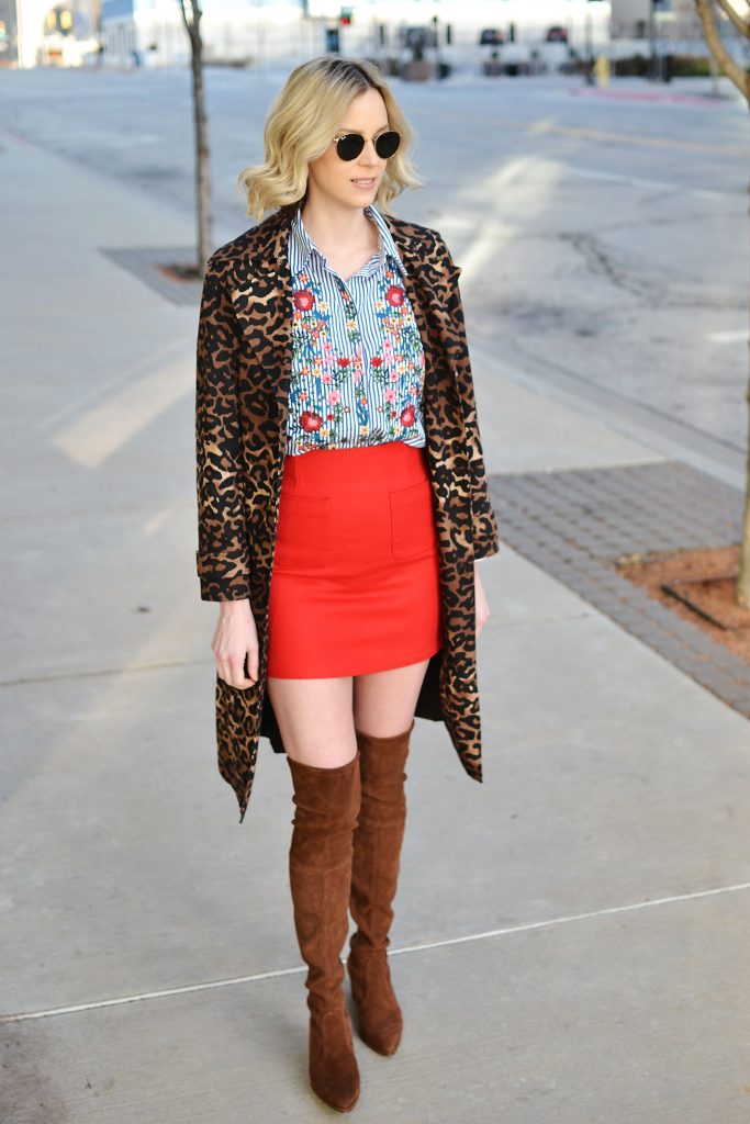 print mixing, embroidered floral oxford top, red skirt, leopard coat, over the knee boots