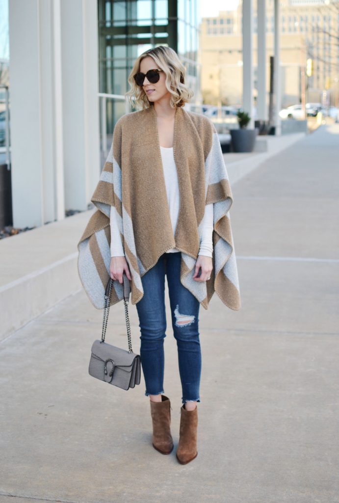 affordable trendy denim, poncho, thermal, distressed denim, boots, casual outfit idea