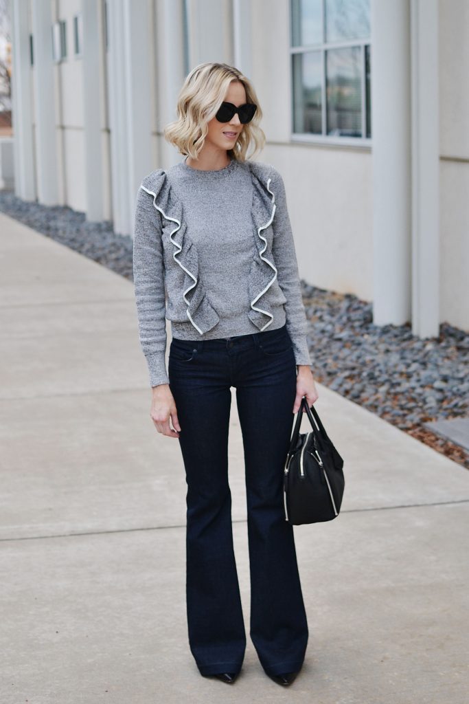 ruffles for spring, ruffle sweater, flare jeans