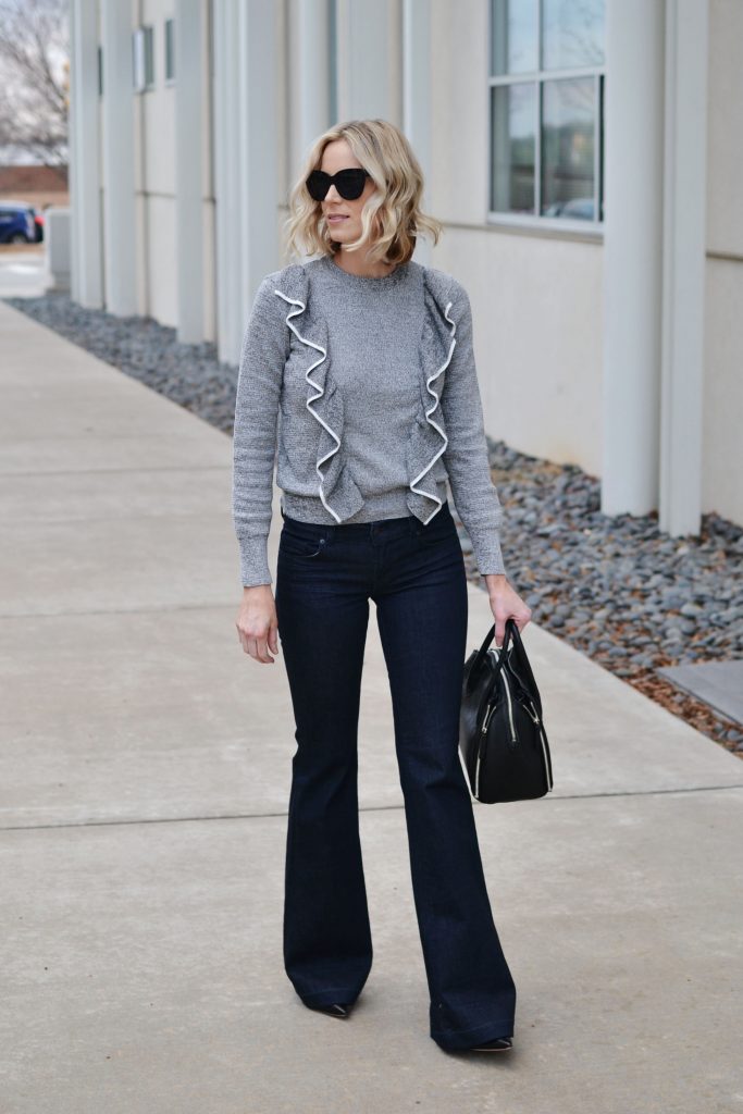 ruffles for spring, ruffle sweater, flare jeans