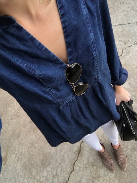 chambray tunic, white jeans, booties