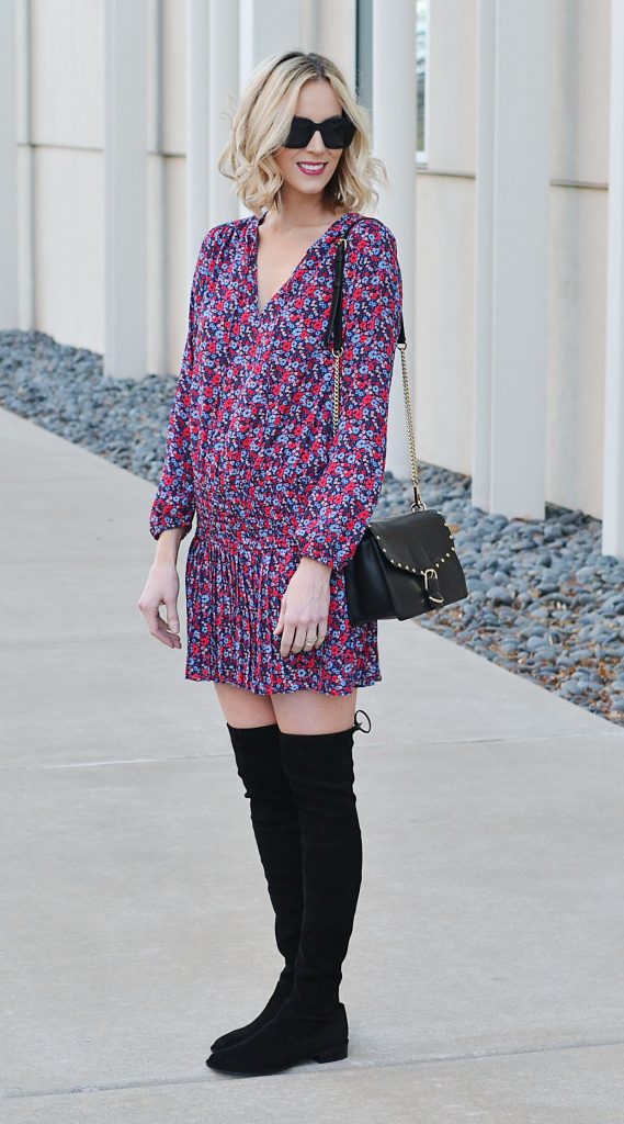 pleated drop waist dress with over the knee boots