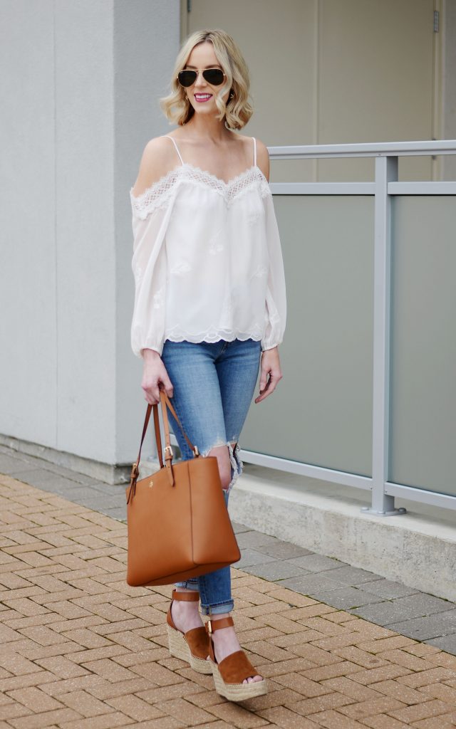 WAYF white cold shoulder blouse, distressed jeans, Marc Fisher wedges, Tory burch tote