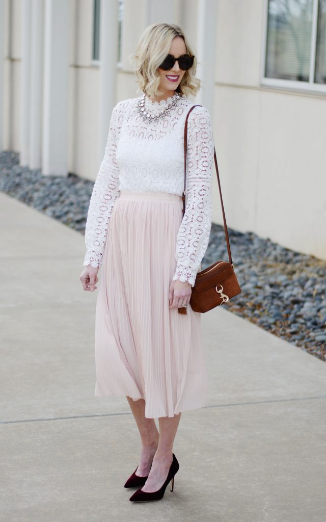 blush pleated midi skirt and white lace top