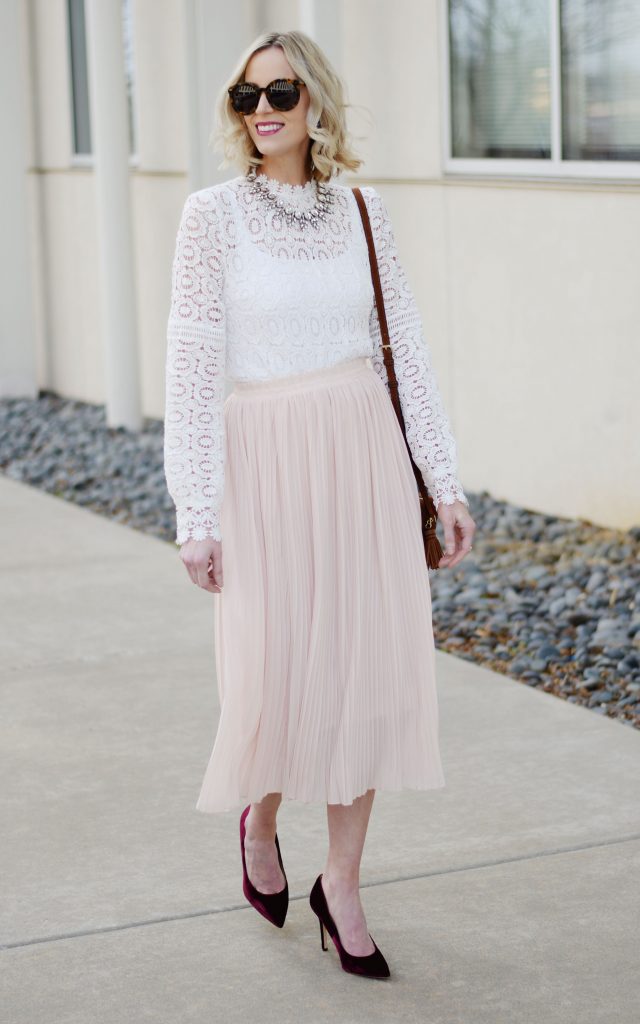 blush pleated midi skirt and white lace top