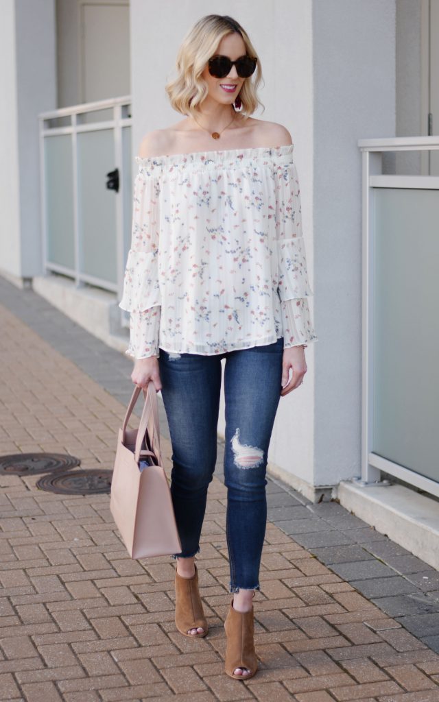floral off the shoulder top, jeans, peep toe booties, spring outfit idea