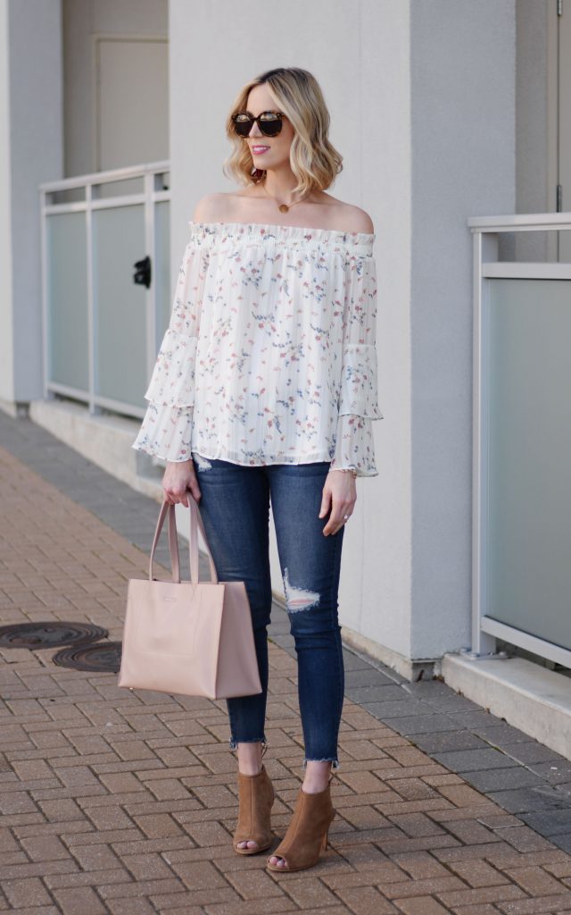 floral off the shoulder top, jeans, peep toe booties, spring outfit idea