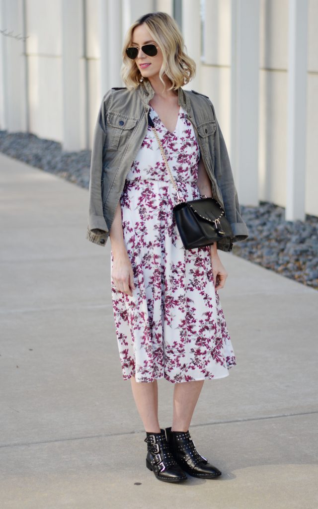 floral midi dress, utility jacket, buckle boots, spring outfit