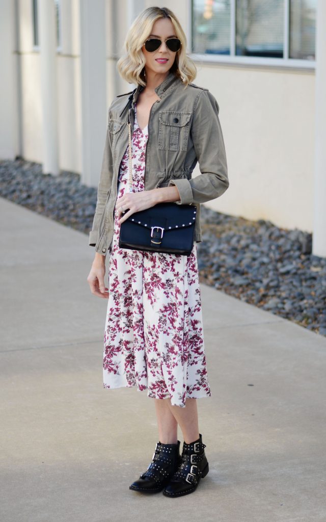 floral midi dress, utility jacket, buckle boots, spring outfit