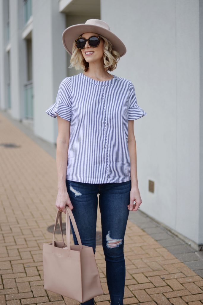 easy spring outfit, Banana Republic flutter sleeve top, distressed jeans, perforated mules, blush hat, blush tote