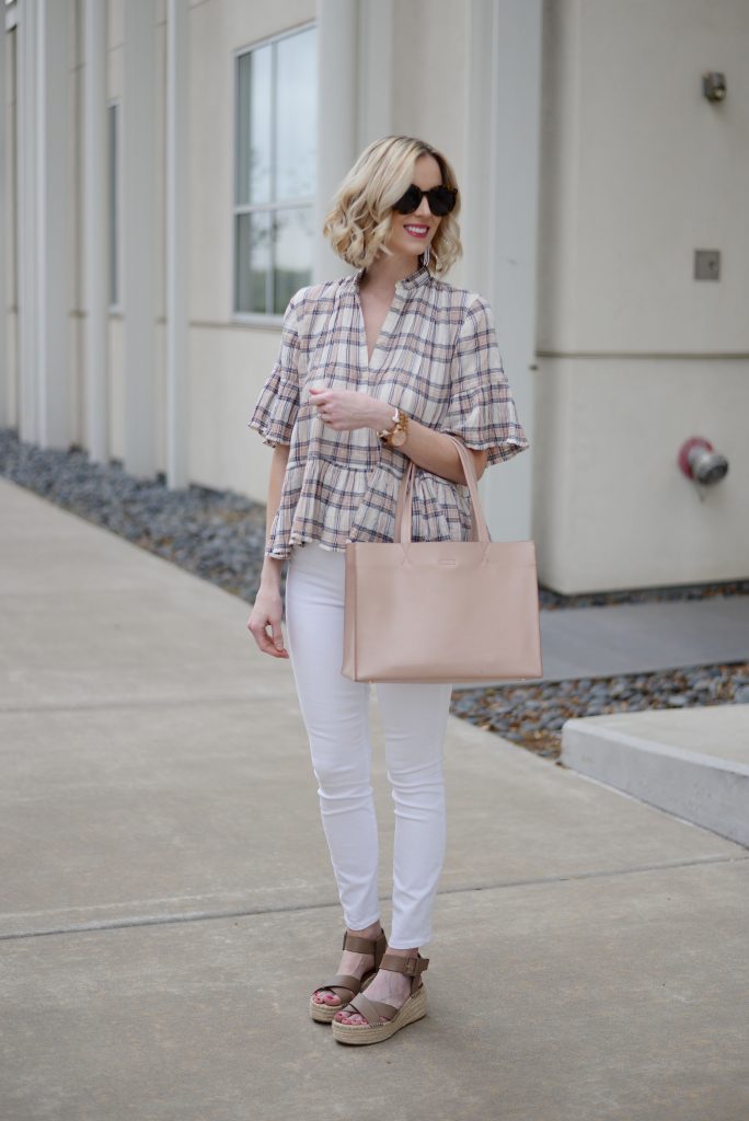 plaid peplum top for spring, white jeans, flatform espadrille sandals, spring outfit idea