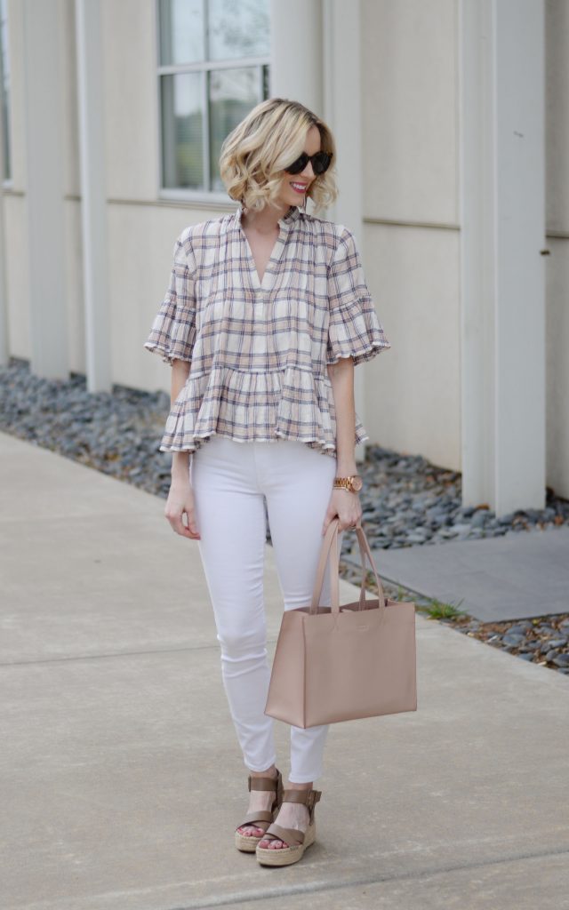 plaid peplum top for spring, white jeans, flatform espadrille sandals, spring outfit idea