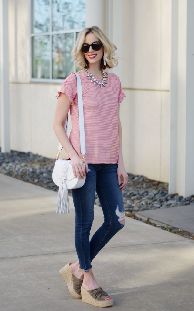 striped tulip sleeved tee, distressed jeans, marc fisher espadrille wedges, white rebecca minkoff tassel bag, casual outfit idea. easy mom style