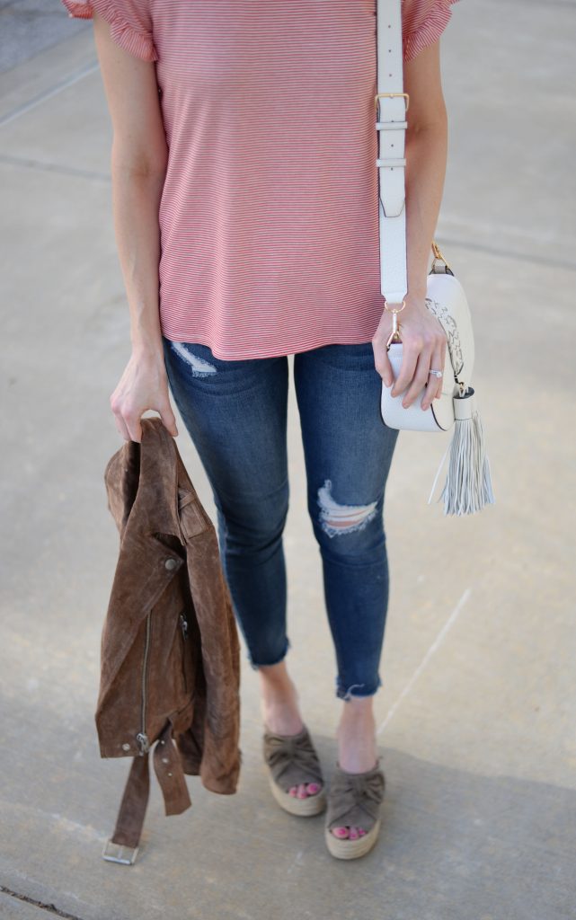 striped tulip sleeved tee, distressed jeans, marc fisher espadrille wedges, white rebecca minkoff tassel bag, casual outfit idea. easy mom style