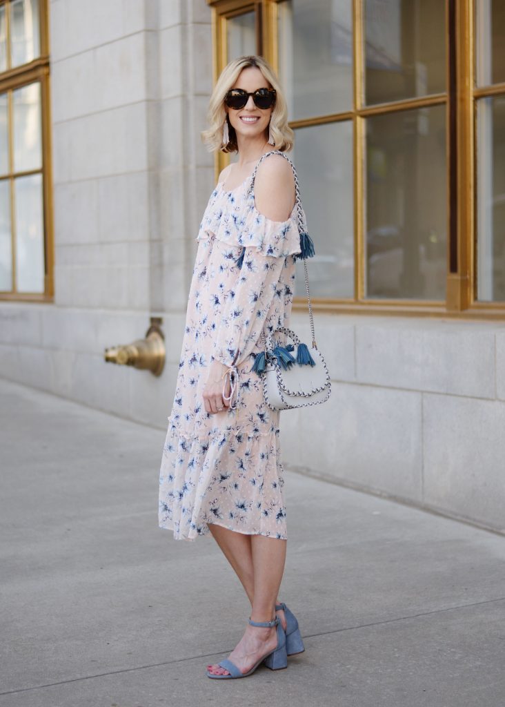 Easter outfit idea, blush off the shoulder floral dress, blue sandals, Rebecca Minoff tassel bag