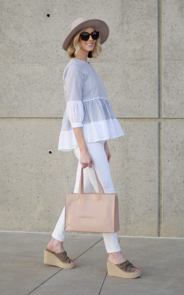 Striped Eyelet Peplum Top, white jeans, march fisher wedges, blush tote, blush hate, spring outfit idea