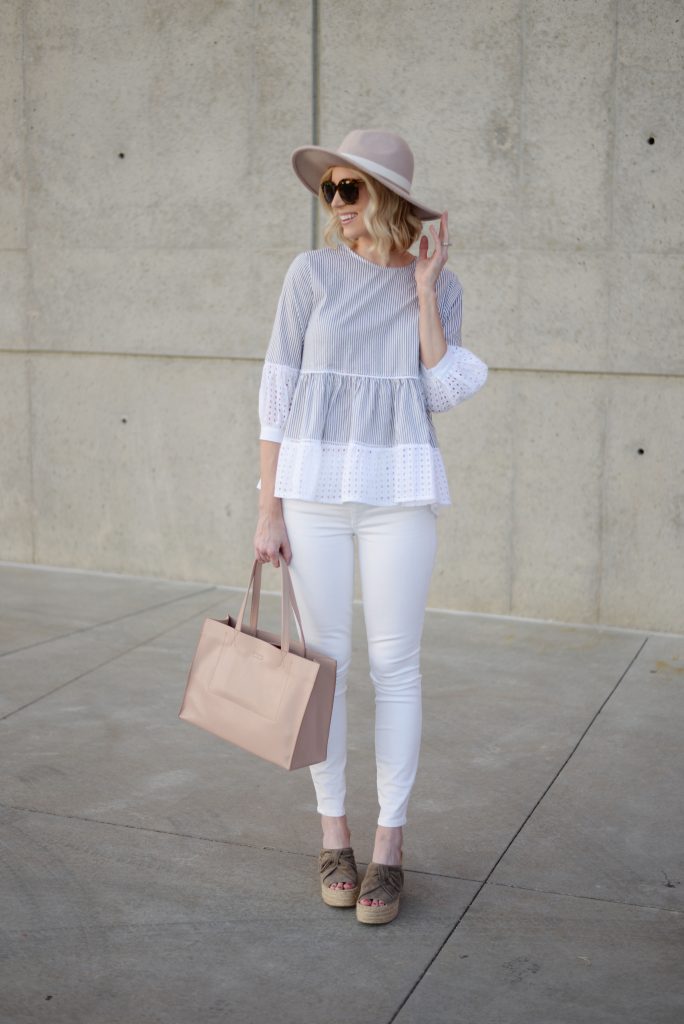 Striped Eyelet Peplum Top, white jeans, march fisher wedges, blush tote, blush hate, spring outfit idea