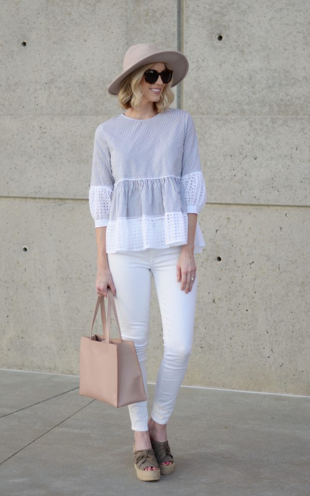 striped eyelet peplum top with white jeans