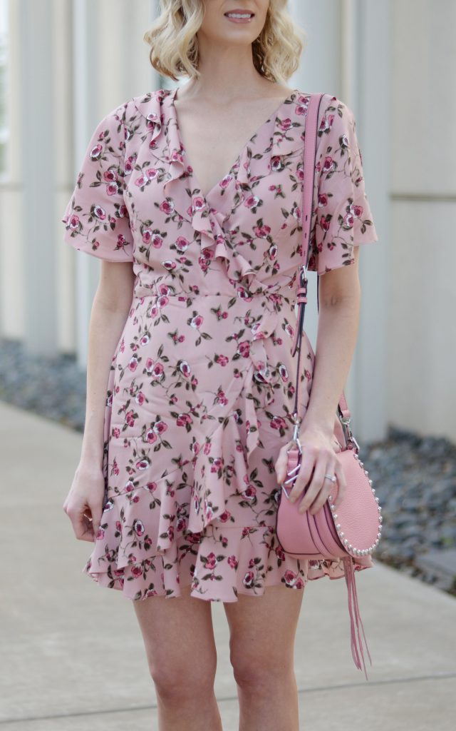 floral wrap dress, ruffles, pink floral, pink rebecca minkoff unlined saddle bag, spring outfit idea