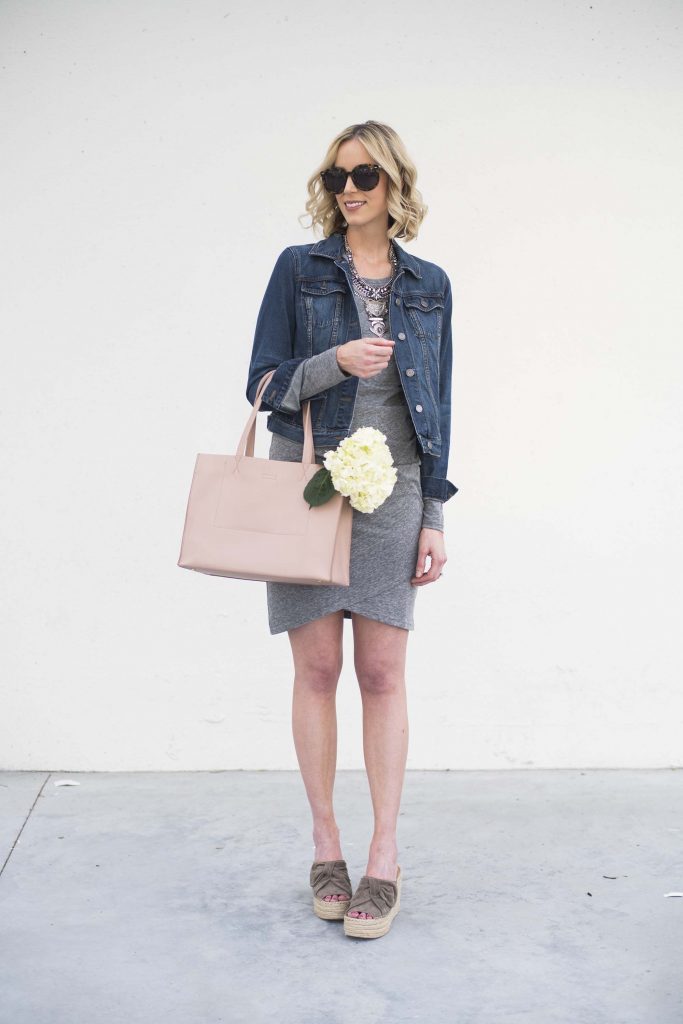 why you need a ruched dress, jean jacket, Marc Fisher wedges, blush tote, spring outfit idea