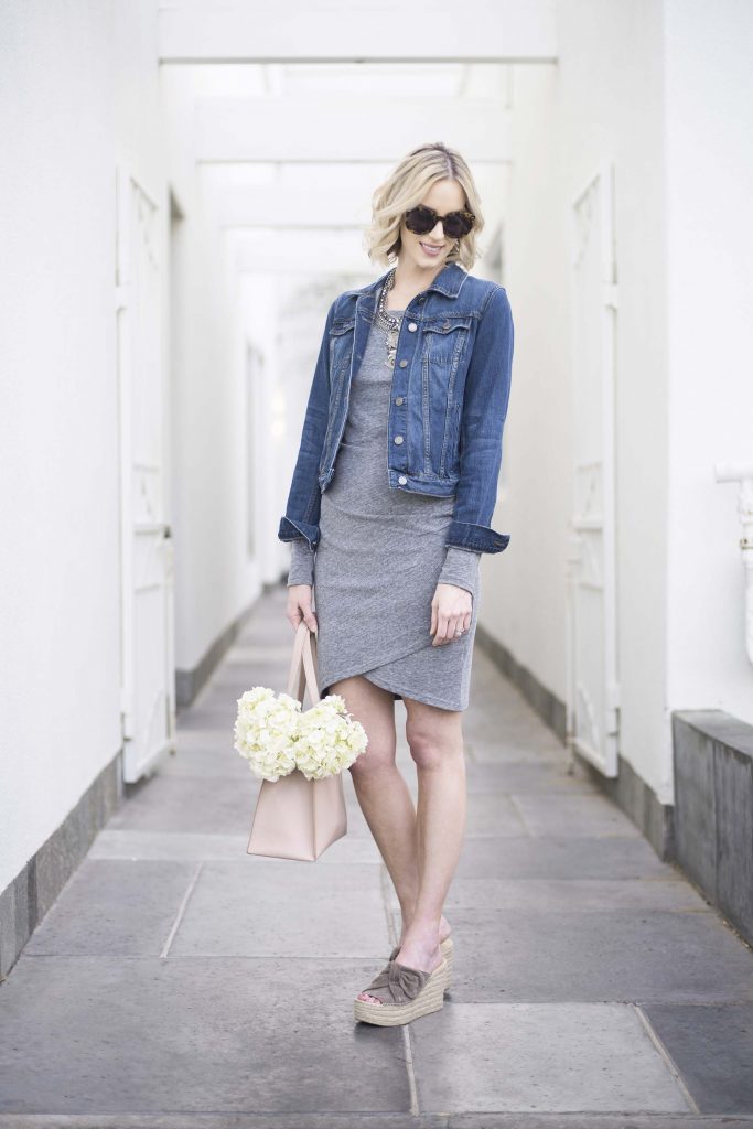 why you need a ruched dress, jean jacket, Marc Fisher wedges, blush tote, spring outfit idea