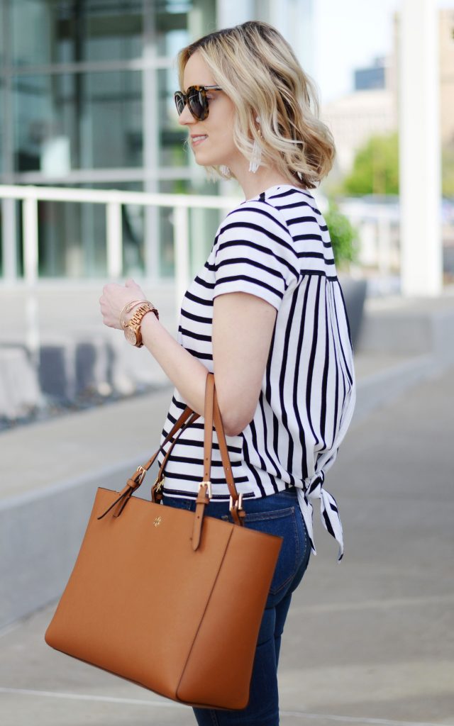 classic style: stripes and denim, Tory Burch tote, March Fisher wedges, easy spring outfit