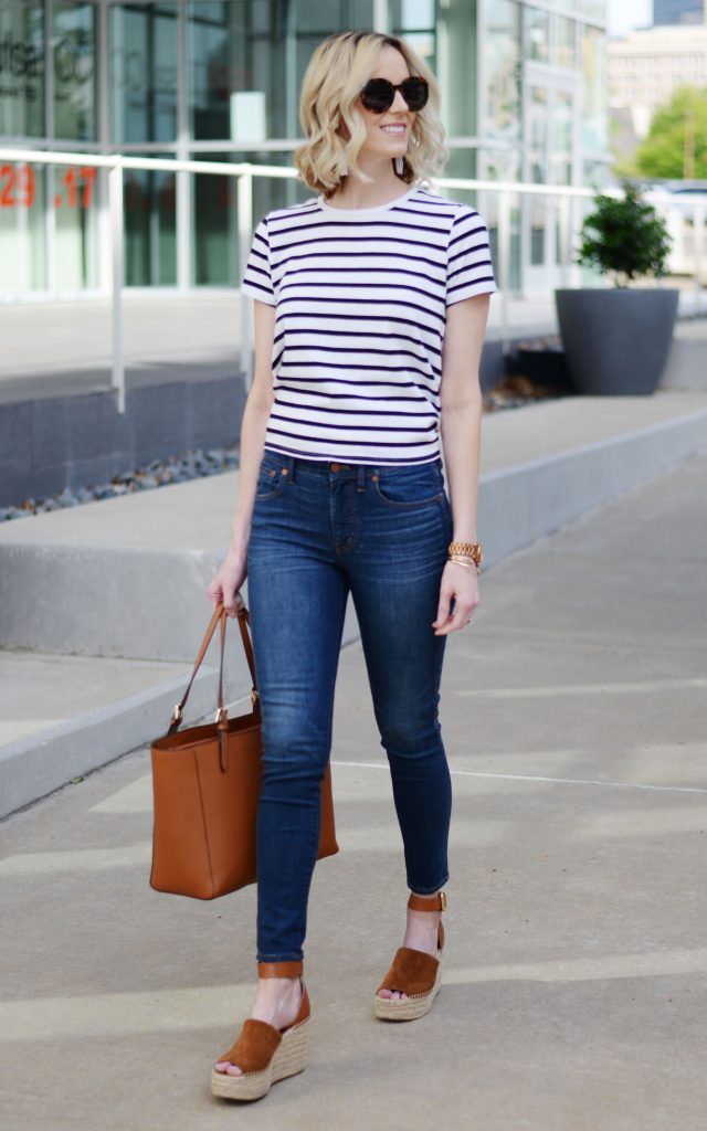 classic style: stripes and denim, Tory Burch tote, March Fisher wedges, easy spring outfit