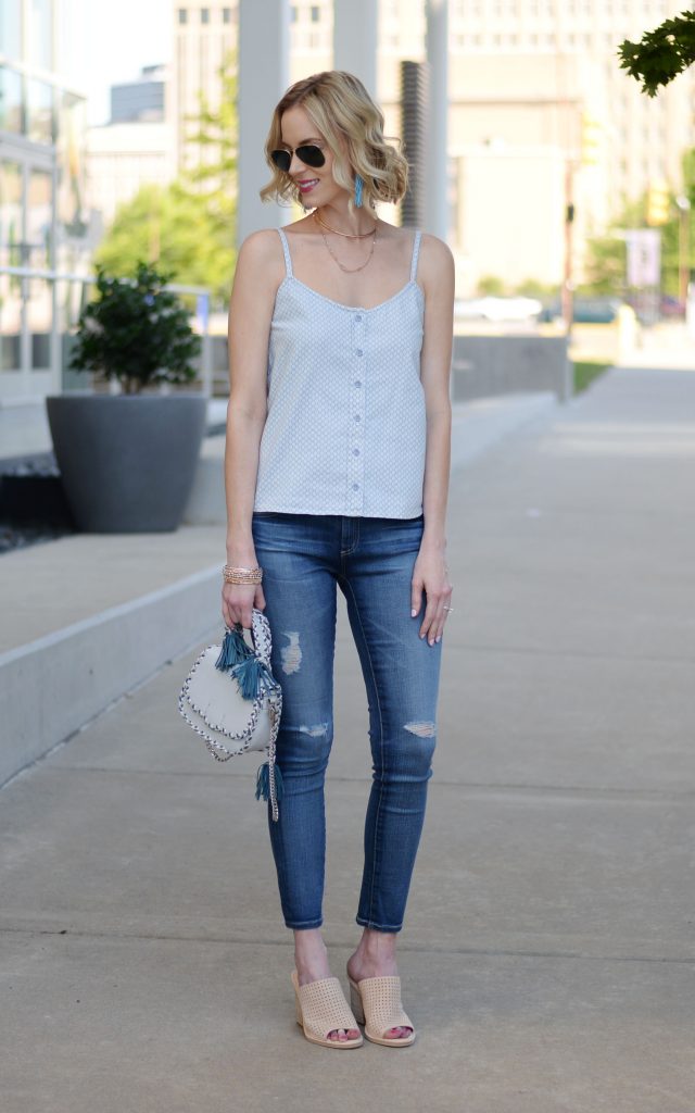 finding the right jeans with AG, AG legging ankle jeans, tank top, casual spring outfit idea, rebecca minkoff tassel bag