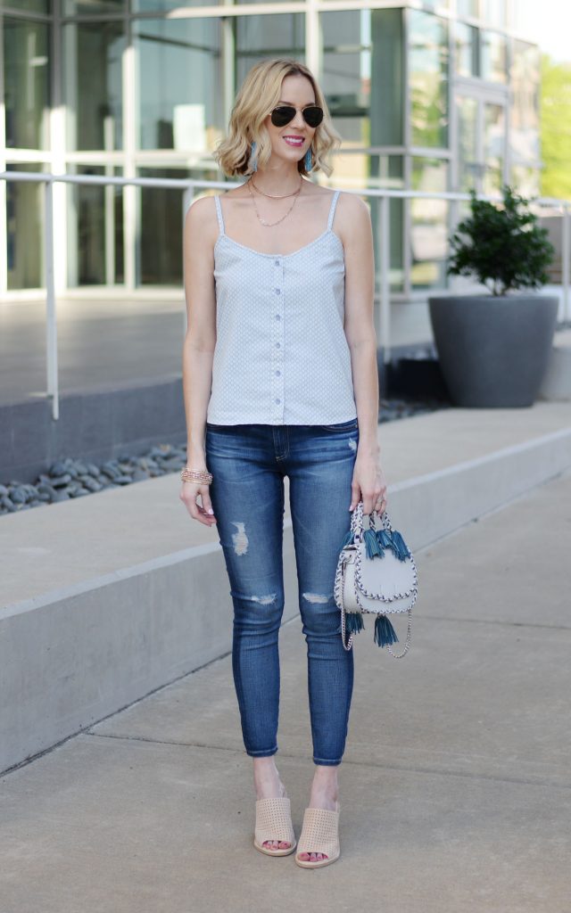 finding the right jeans with AG, AG legging ankle jeans, tank top, casual spring outfit idea, rebecca minkoff tassel bag
