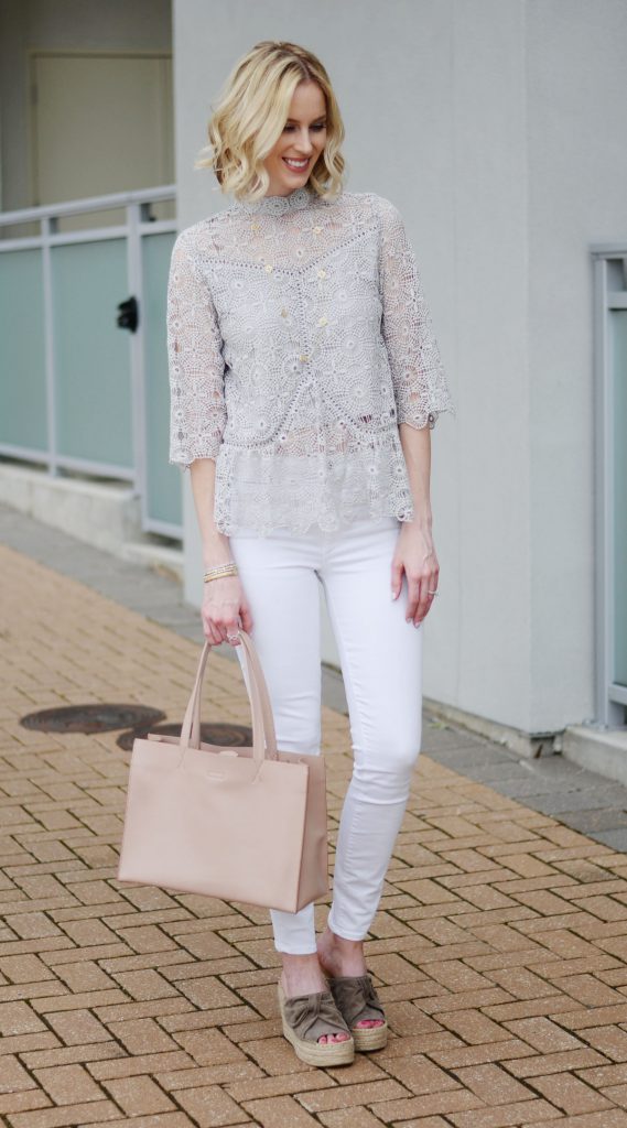 Penny Preville at Bruce G. Weber, mint lace top, white jeans, Marc Fisher espadrille wedges, blush tote, mint, white, and blush, spring outfit idea