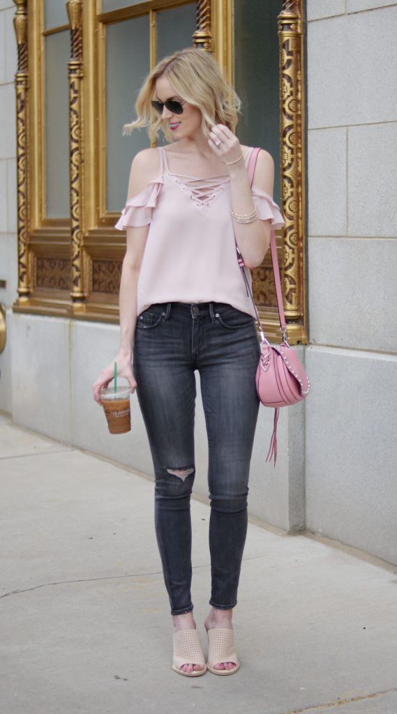 guest post with Express x The Edit, lace up trend, express grey jeans, lace up cami, blush and grey