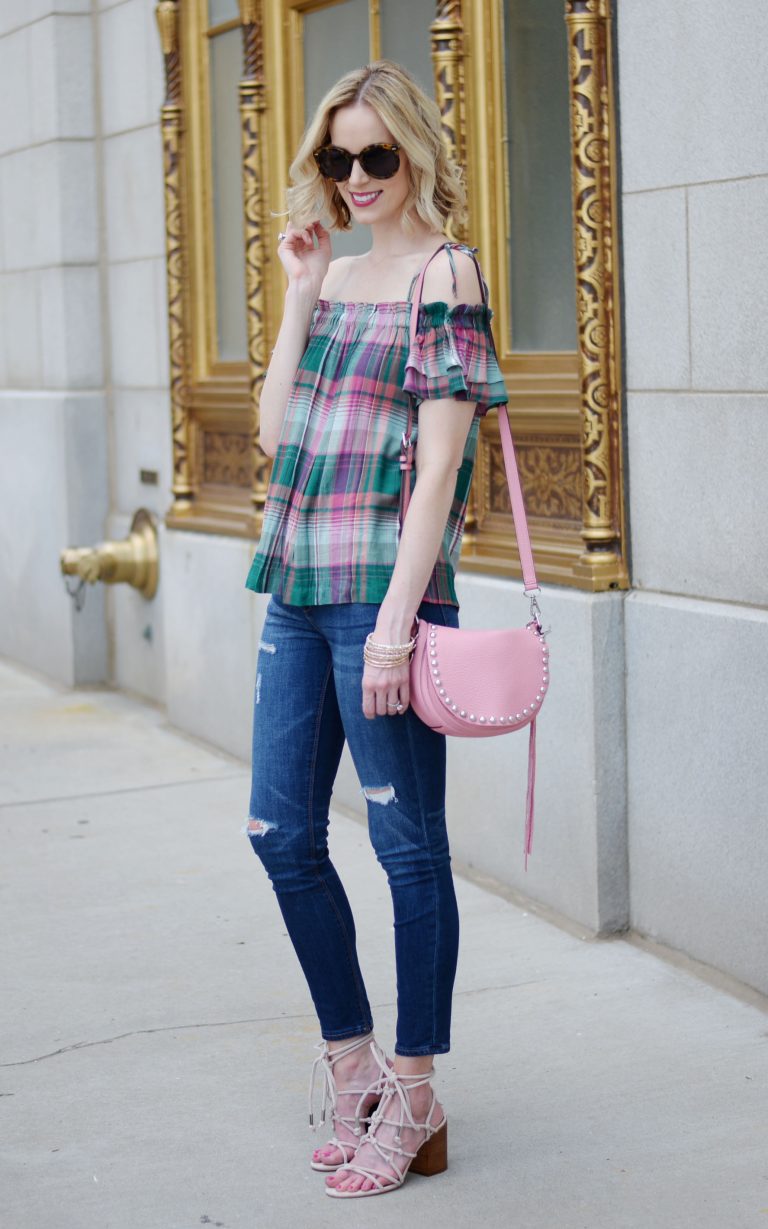 Off-Shoulder Plaid Top main image 1