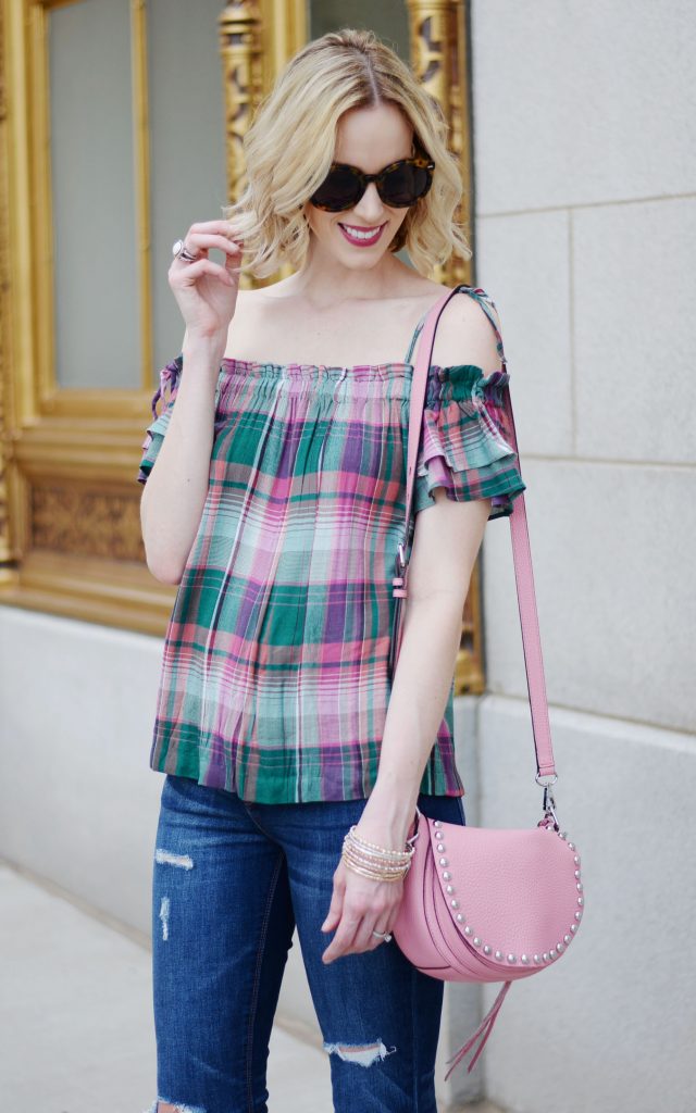 plaid off the shoulder top, distressed jeans, lace up heeled sandals, spring outfit idea
