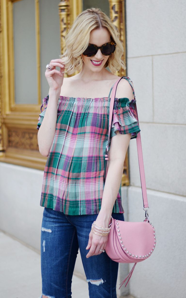 Blue Plaid Off-Shoulder Top Set-Up