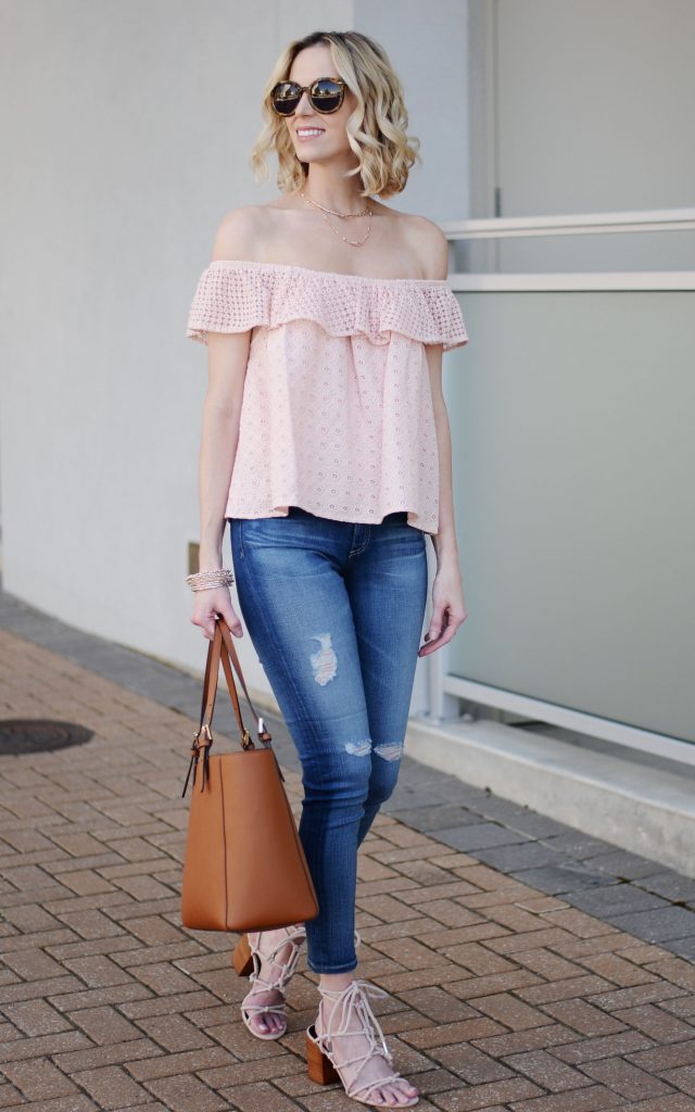 pink off the shoulder eyelet top, AG legging ankle jean, Tory Burch tote, rebecca minkoff lace up carmela lace up sandal, spring outfit idea, jeans and a top