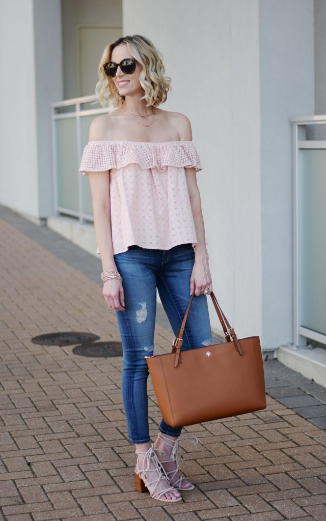 pink off the shoulder eyelet top, AG legging ankle jean, Tory Burch tote, rebecca minkoff lace up carmela lace up sandal, spring outfit idea, jeans and a top