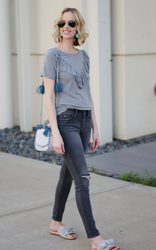 monochrome grey casual outfit with blue Rebecca Minkoff tassel bag and bow slides