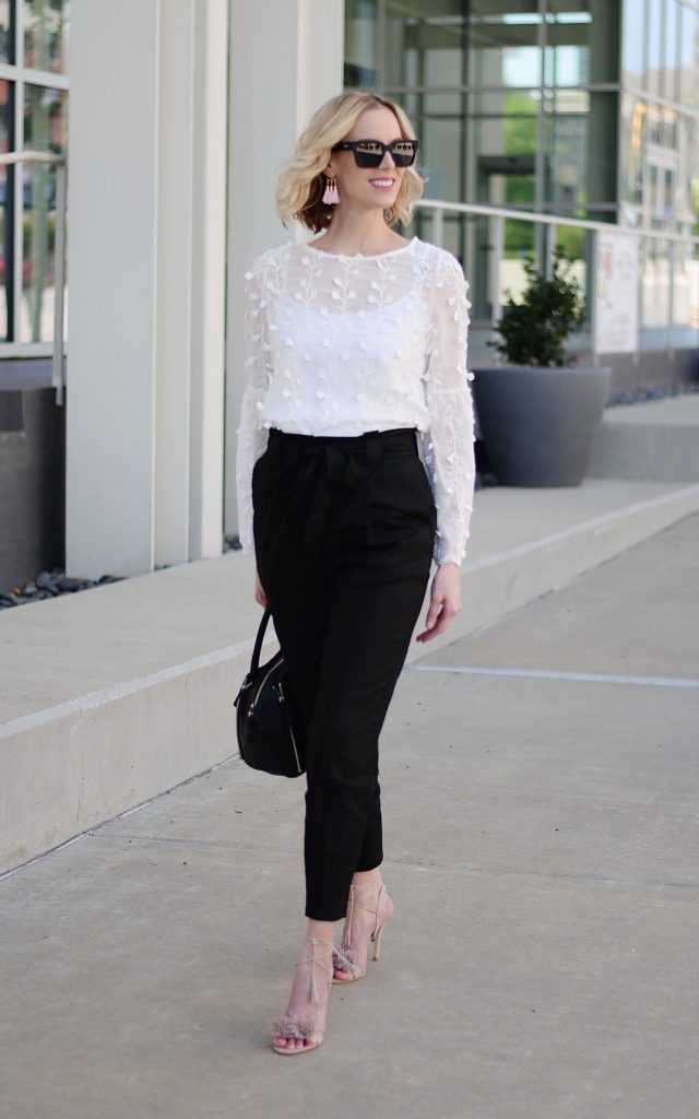 paper bag pants, white floral blouse, work outfit, black and white