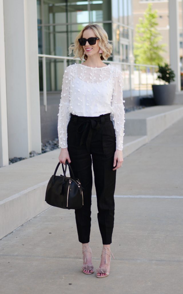 paper bag pants, white floral blouse, work outfit, black and white
