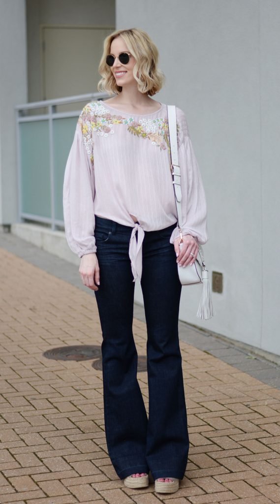 embroidered tie front blouse, flares, espadrille wedges, boho
