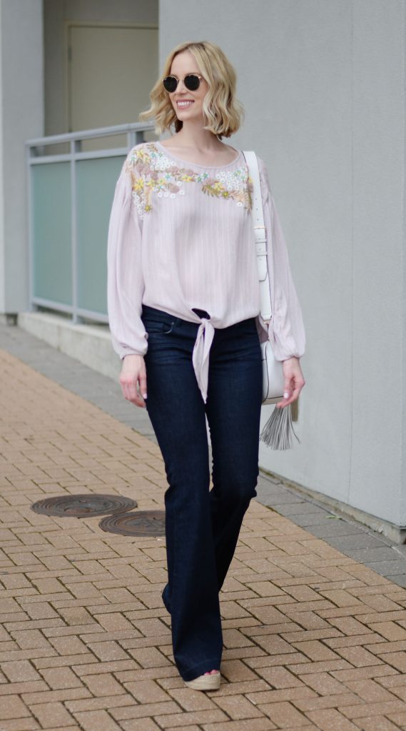 embroidered tie front blouse, flares, espadrille wedges, boho