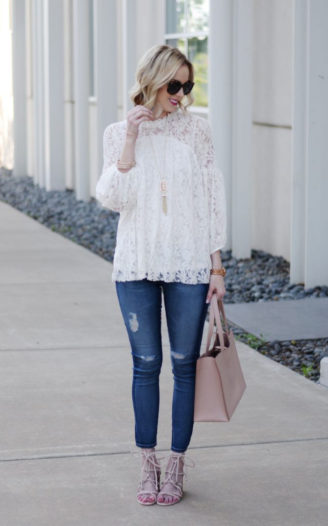 white lace overlay blouse, distressed denim, blush tote, blush lace up sandals