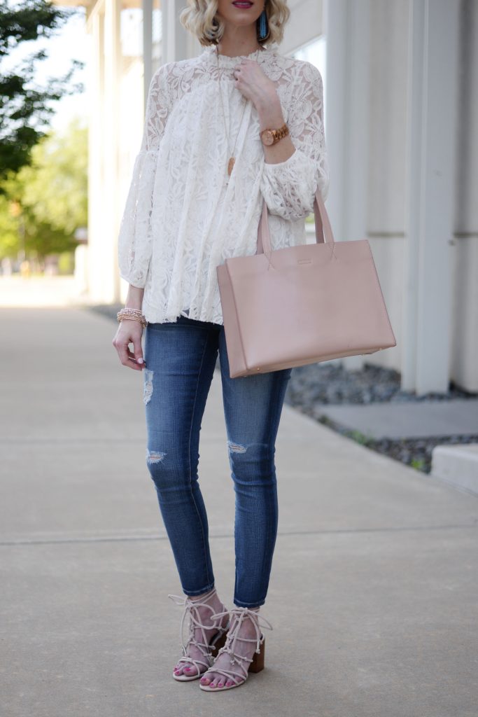 white lace overlay blouse, distressed denim, blush tote, blush lace up sandals
