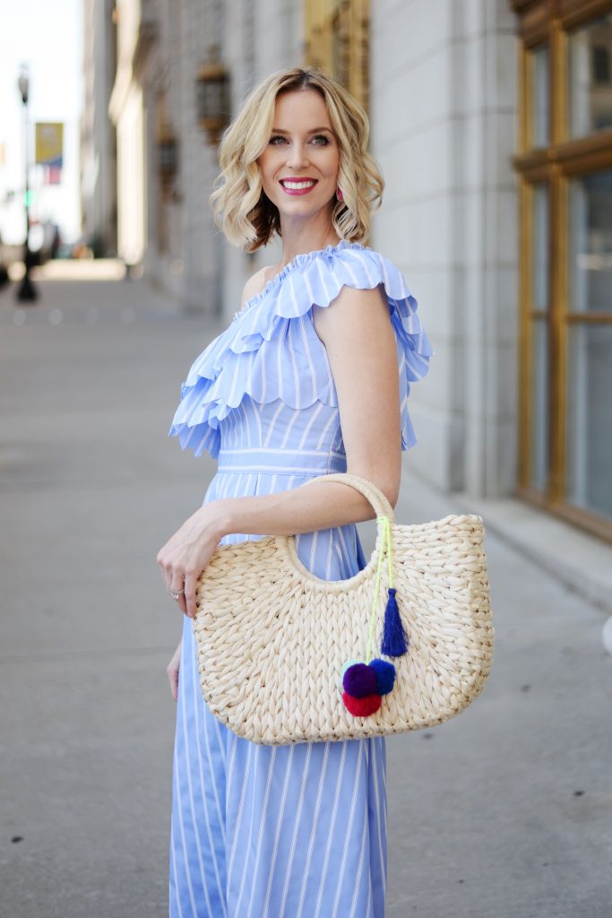 how to shop at SheIn, blue and white ruffle off the shoulder top