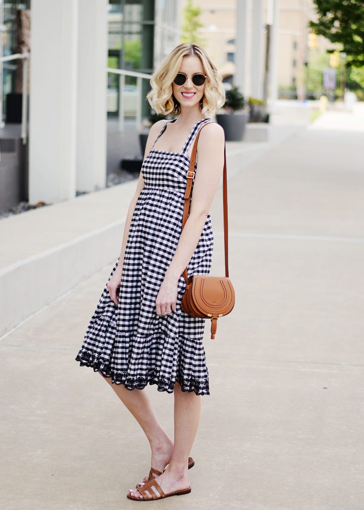 J. Crew gingham dress with embroidery detail and cross back, Sam Edelman slides, Chloe Marcie bag