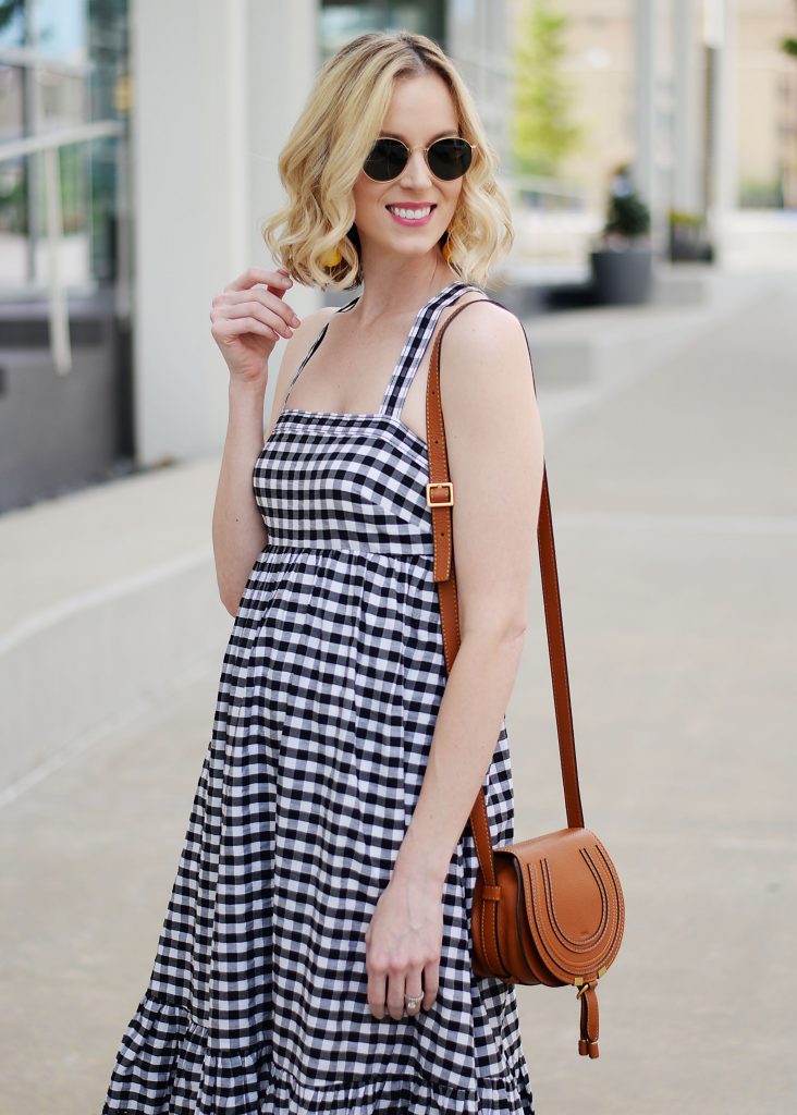 J. Crew gingham dress with embroidery detail and cross back, Sam Edelman slides, Chloe Marcie bag
