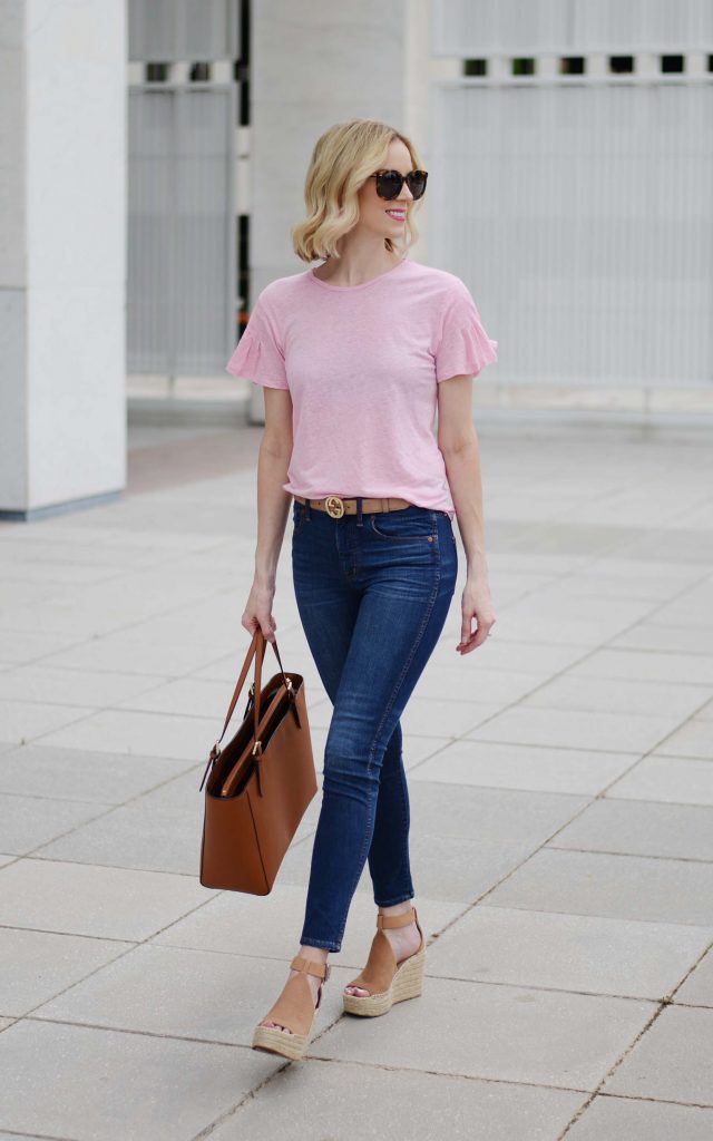 how to buy designer items for less, pink t-shirt, madewell jeans, Gucci belt, Marc Fisher wedges, Tory Burch tote