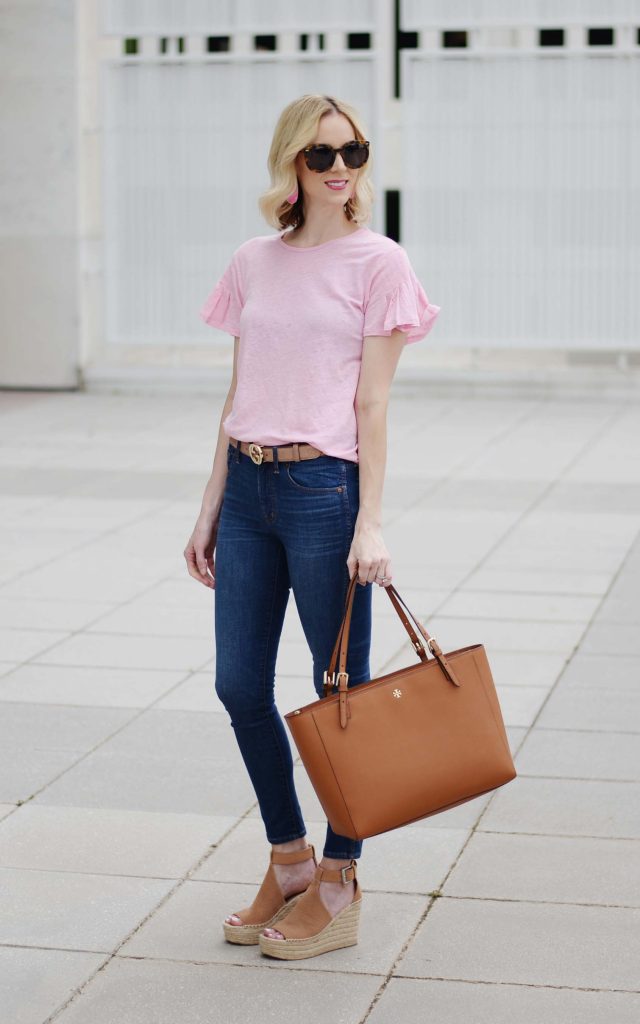 how to buy designer items for less, pink t-shirt, madewell jeans, Gucci belt, Marc Fisher wedges, Tory Burch tote